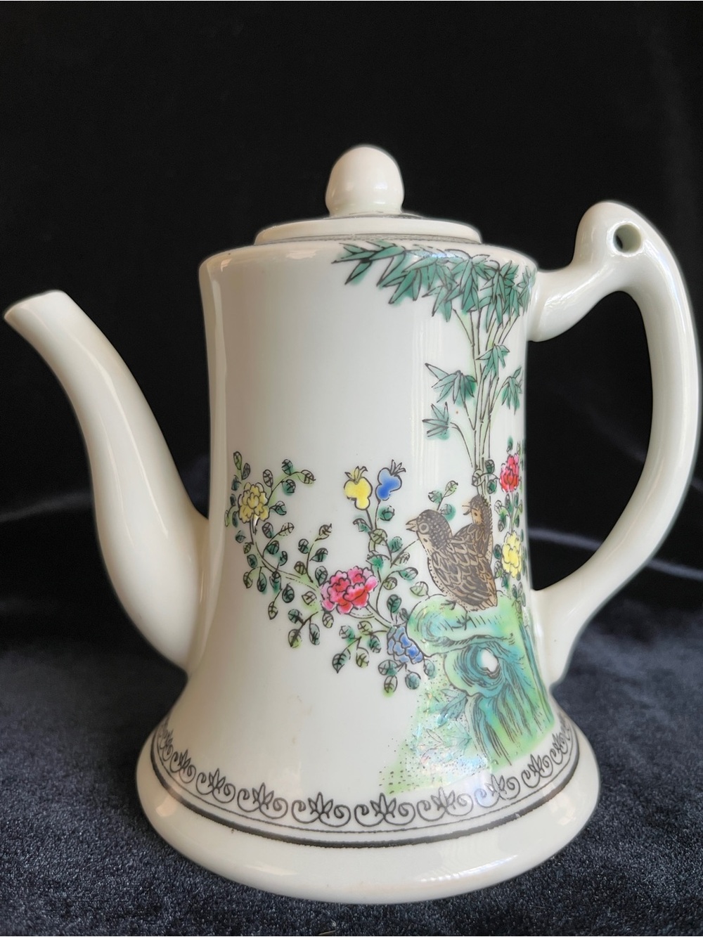 Beautiful Chinese Famille Rose Quail and Floral Teapot